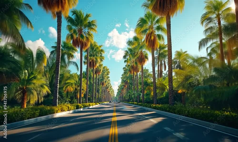 Video from the point of view of a driving car cruising through a palm tree-lined street. Video from the point of view of a driving car cruising through a palm tree-lined street.