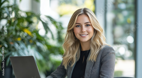 A businesswoman with a positive expression uses her laptop in a stylish, sunlit office.