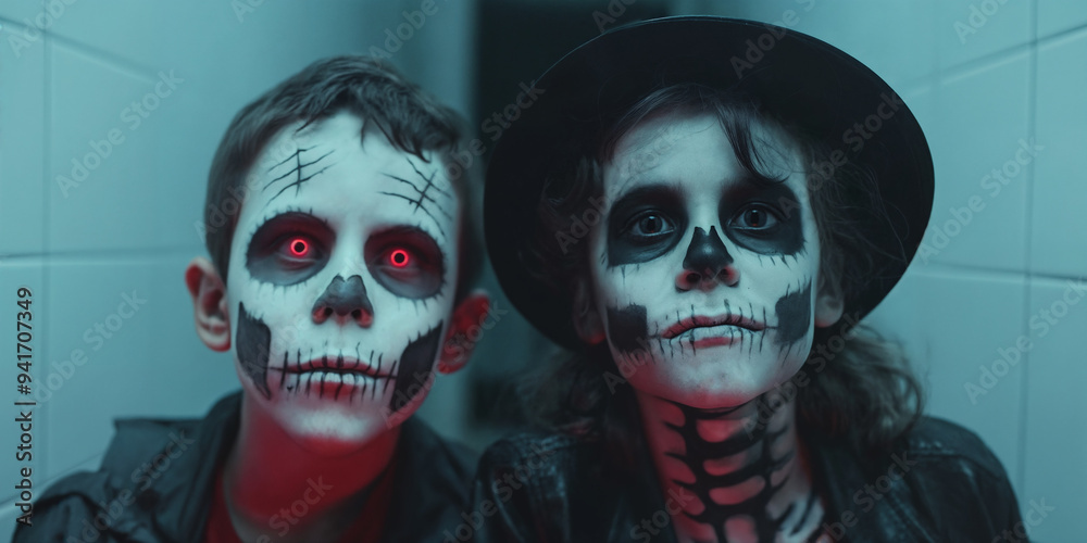 Two children dressed as skeletons in a spooky Halloween setting. Generative AI image Two children dressed as skeletons in a spooky Halloween setting. Generative AI image