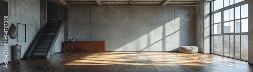 Spacious industrial loft with large windows, wooden floor, and minimalistic decor, filled with natural light for creative inspiration.