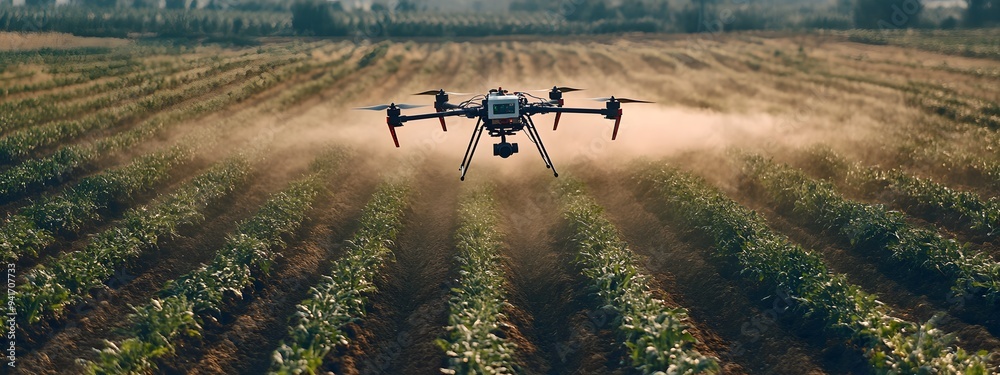 Dramatic photo of an organic farm with drones spraying non-toxic pesticides Dramatic photo of an organic farm with drones spraying non-toxic pesticides