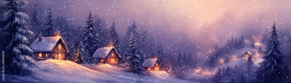 Snowy village with glowing windows in watercolor style on soft purple background, festive and serene Snowy village with glowing windows in watercolor style on soft purple background, festive and serene