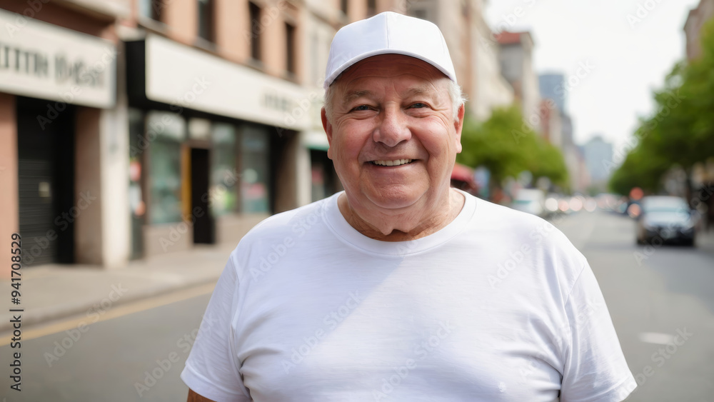 Plus size senior man wearing white t-shirt and white baseball cap standing on the street Plus size senior man wearing white t-shirt and white baseball cap standing on the street