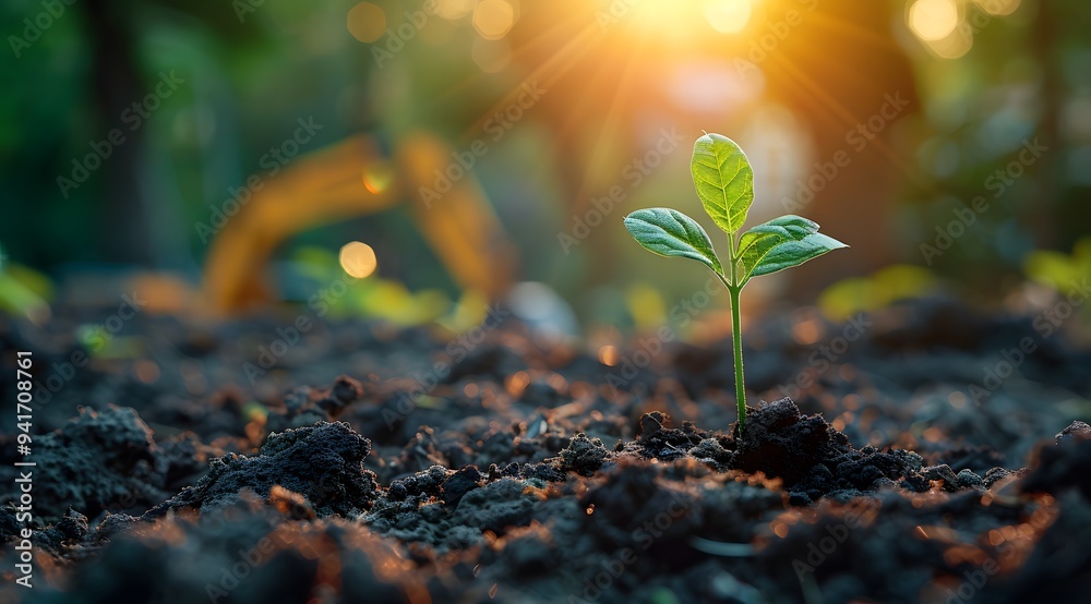 Green Building and Sustainable Development Concept, small plant sprouting from the ground in an urban environment, with construction machinery	