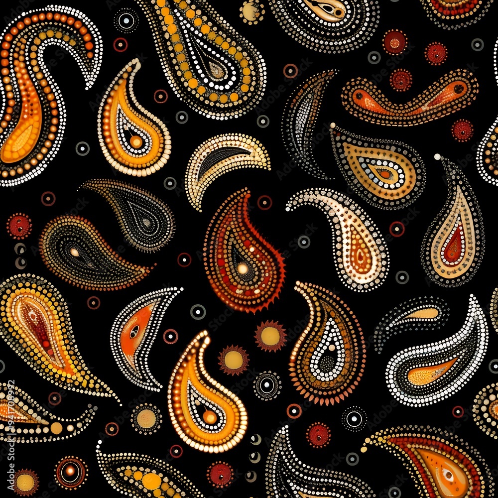 A vibrant paisley pattern with intricate designs in warm colors on a black background. A vibrant paisley pattern with intricate designs in warm colors on a black background.