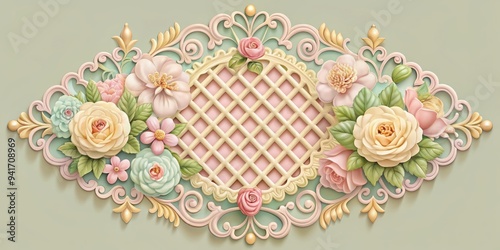 Floral Lattice Victorian Pastry Logo: Intricate Victorian-style latticework, delicate floral flourishes, soft pastels, vintage elegance