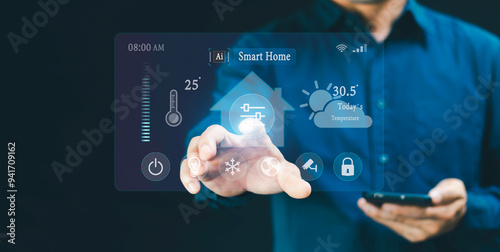 Smart home Ai technology, man using smartphone, control connected devices automations, dashboard for air conditioning, safety security network, assistant technology for smart devices