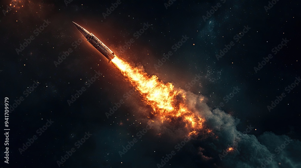 The powerful ascent of a spaceship into the night sky, leaving behind a trail of smoke and fire as it embarks on a space mission. The powerful ascent of a spaceship into the night sky, leaving behind a trail of smoke and fire as it embarks on a space mission.