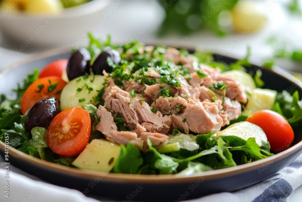Fresh tuna salad with mixed greens, cherry tomatoes, and olives served on a dining table Fresh tuna salad with mixed greens, cherry tomatoes, and olives served on a dining table