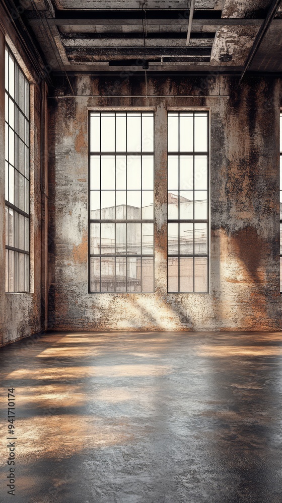 Sunlight streaming through large industrial windows in an abandoned warehouse with rustic wooden floors and weathered brick walls.