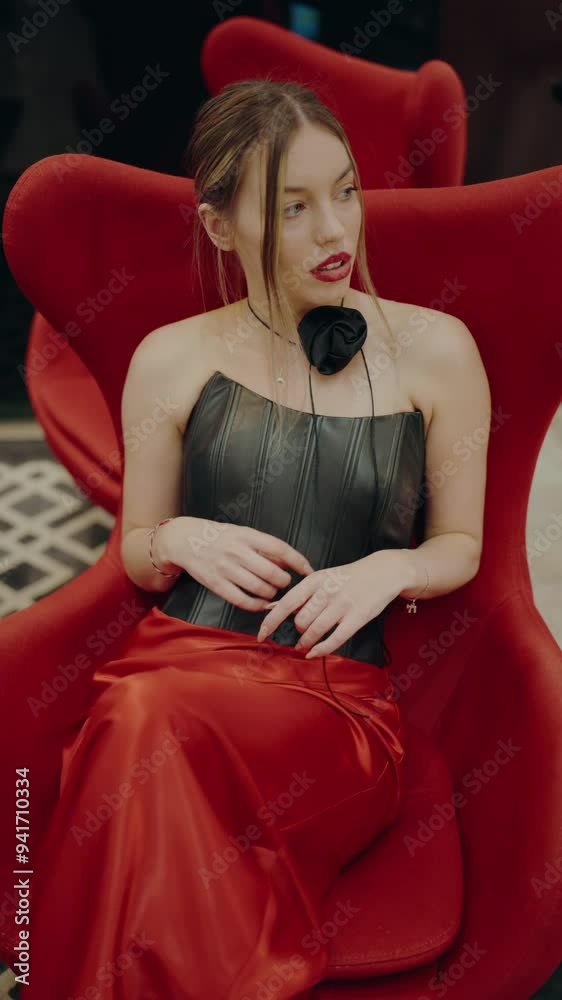 A stylish woman in a sophisticated red and black outfit sits in a ...