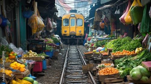 Vibrant Maeklong Railway Market, Thailand, where stalls filled with fresh produce are set up on the railroad tracks. photo