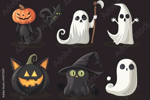 Halloween characters horror vector set design. Halloween character like grim reaper, ghost, pumpkin and cute cat mascot cartoon. Vector illustration party costume character collection. Generative Ai photo