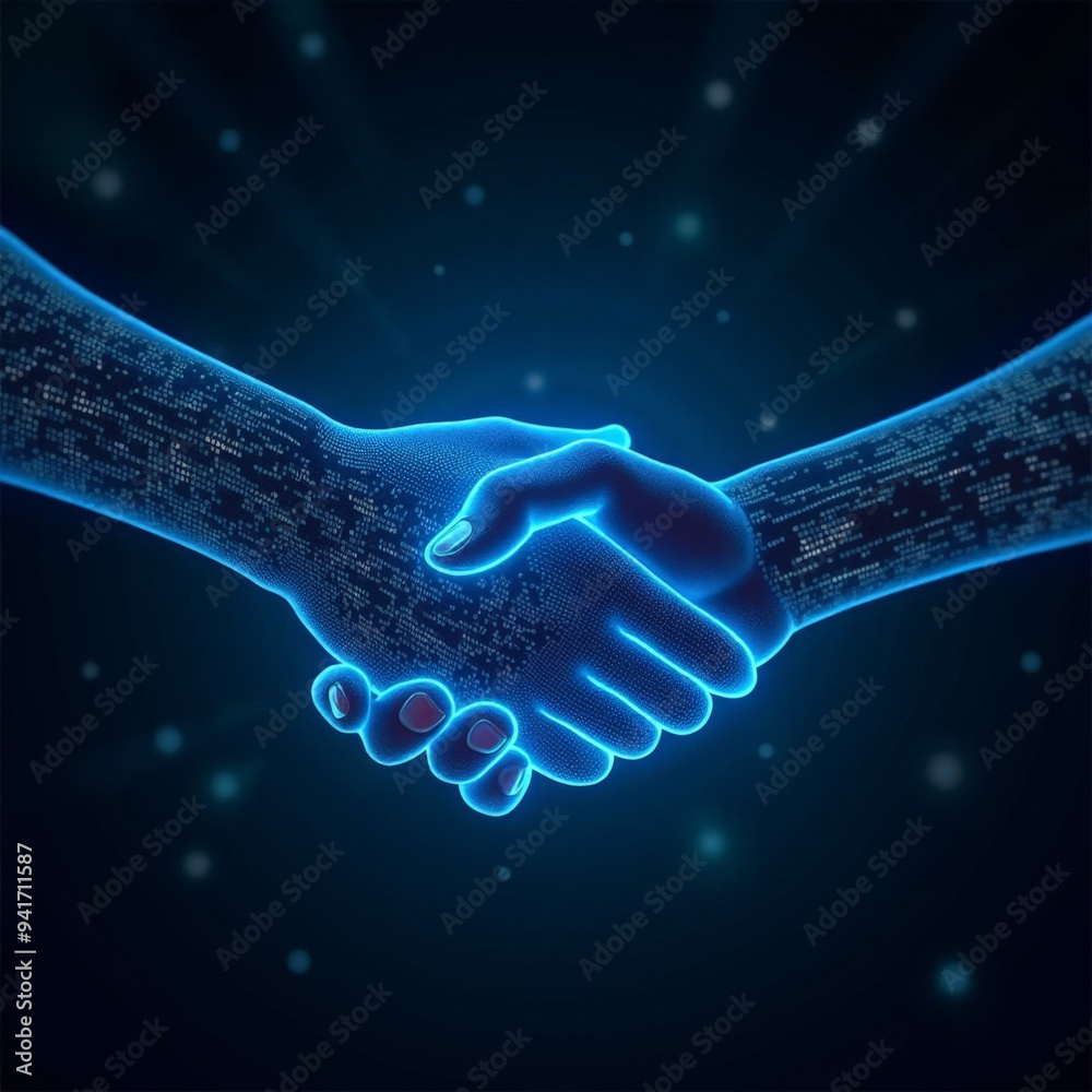 Digital Blue Handshake Glowing Binary Code Artificial Intelligence Virtual Business Transactions Commitment Deal Partnership Secure Authentication Protocols Digital Blue Handshake Glowing Binary Code Artificial Intelligence Virtual Business Transactions Commitment Deal Partnership Secure Authentication Protocols