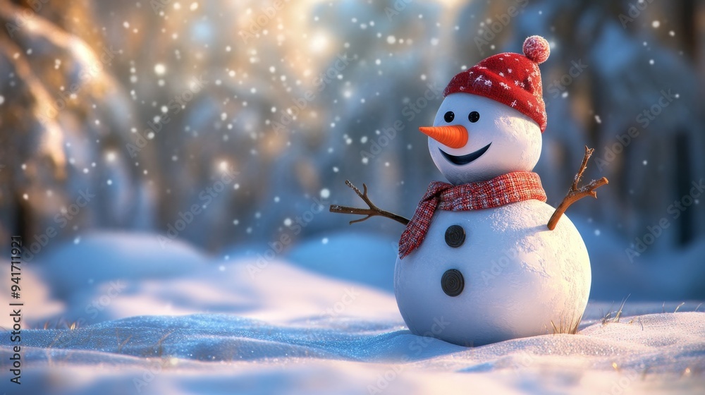 Enchanting Winter Wonderland: Romantic Snowy Landscape with 3D Snowman for Holiday Marketing. Dreamy Festive Scene Perfect for Christmas, New Year, and Spring Festival Promotions. Minimalist Design wi Enchanting Winter Wonderland: Romantic Snowy Landscape with 3D Snowman for Holiday Marketing. Dreamy Festive Scene Perfect for Christmas, New Year, and Spring Festival Promotions. Minimalist Design wi