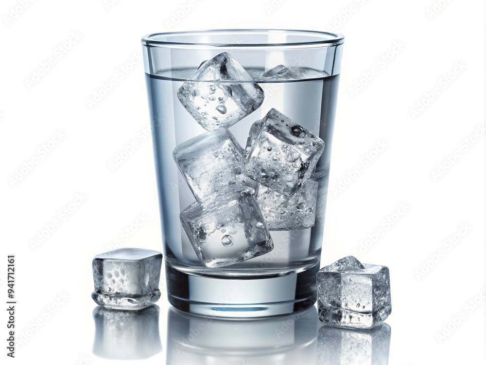 A crystal clear glass beaker filled with sparkling water and a few ice cubes, symbolizing purity, simplicity, and a refreshing solution on a white background.