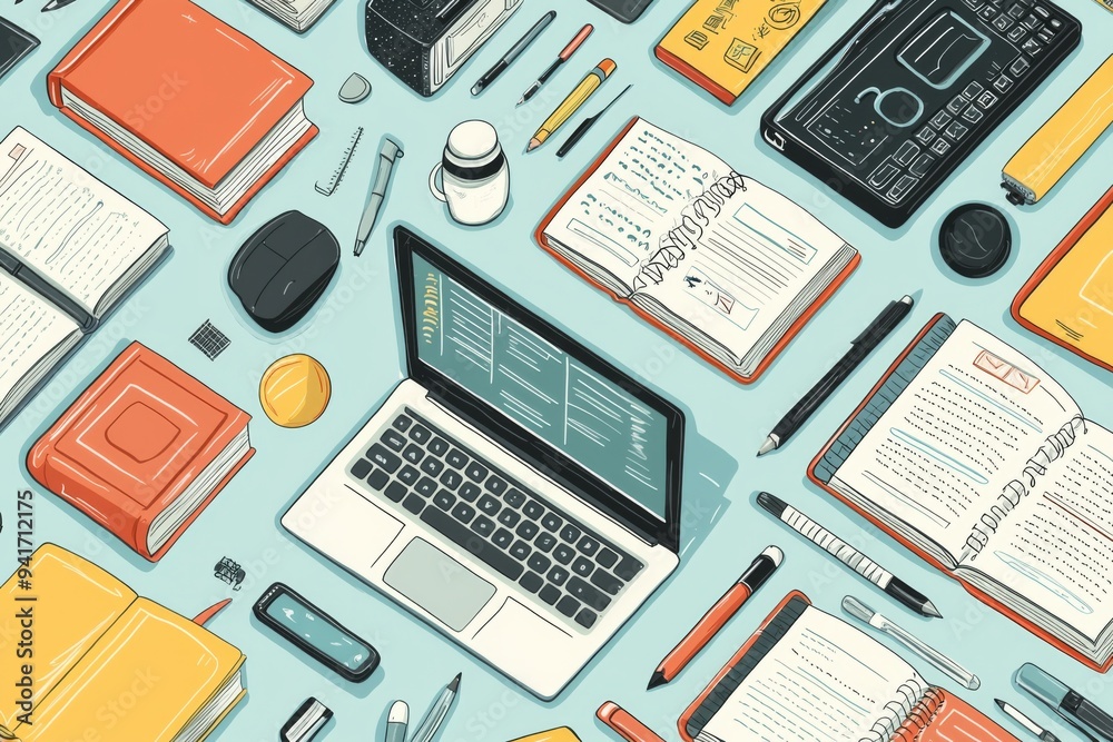 Illustration of educational learning tools set on table created with Generative AI