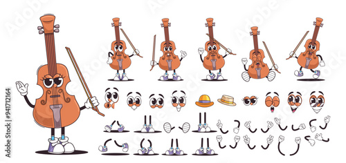 Cartoon Animated Violin with Bow. Musical Instrument Character with Different Emotions And Gestures, Complete With Props