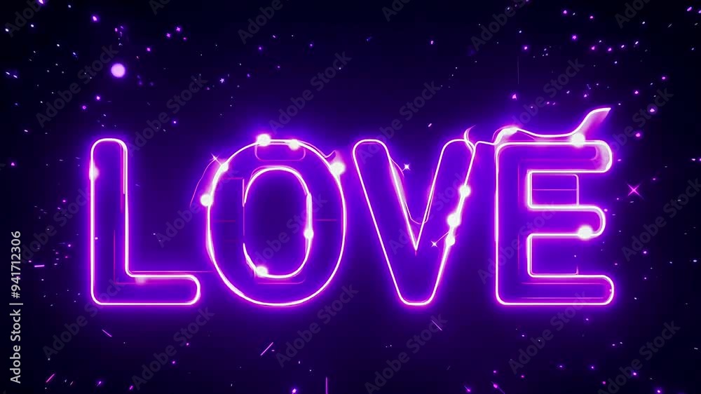 The word LOVE in futuristic neon purple on a dark background with twinkling stars The word LOVE in futuristic neon purple on a dark background with twinkling stars