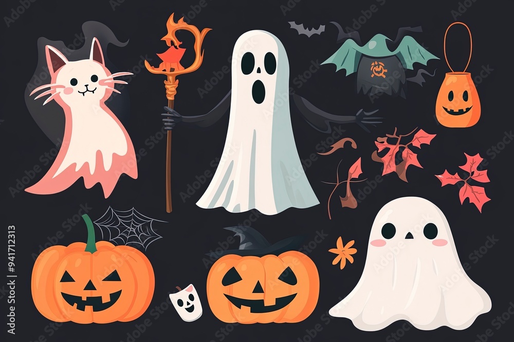 Halloween characters horror vector set design. Halloween character like grim reaper, ghost, pumpkin and cute cat mascot cartoon. Vector illustration party costume character collection. Generative Ai