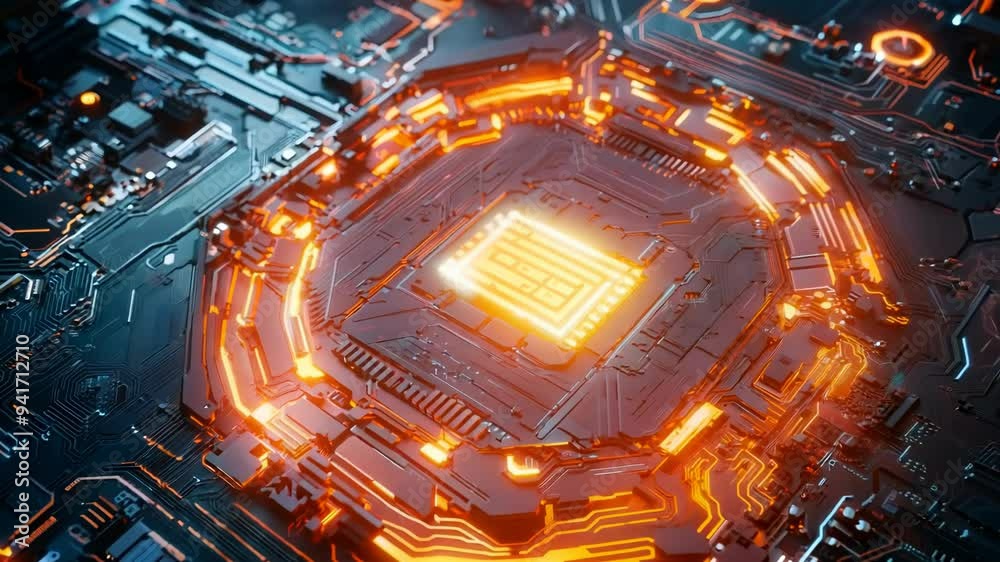 Advanced AI Circuit Board, close-up view showcasing intricate details, glowing elements, central AI symbol, inspired by a fantasy universe, merging technology with immersive storytelling