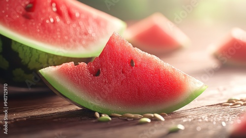 Vibrant watermelon pieces, wooden table, seeds scattered, refreshing summer feel, 3D illustration