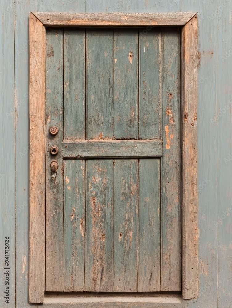 An aged and weathered wooden door, painted a faded green, showcasing the passage of time and the beauty of natural wear. The door has a simple design with a horizontal plank dividing it in two, and it An aged and weathered wooden door, painted a faded green, showcasing the passage of time and the beauty of natural wear. The door has a simple design with a horizontal plank dividing it in two, and it