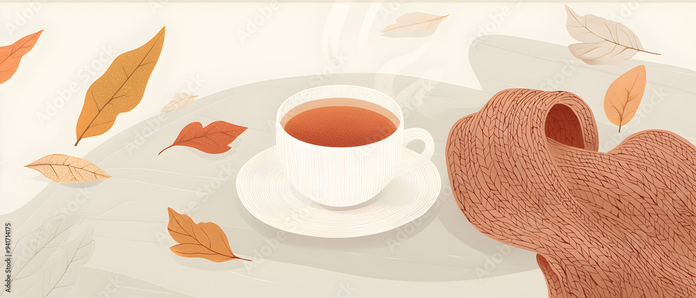 Naklejka premium A flat vector illustration representing a cozy autumn scene with a cup of hot tea, fallen leaves, and a knitted scarf. Warm, muted tones, elegant and simple lines, minimalist aesthetic, cozy 