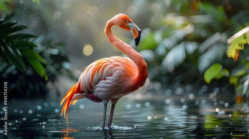 Fototapeta premium Elegant Flamingo Raising One Vibrant Pink Leg in Serene Wetland Environment