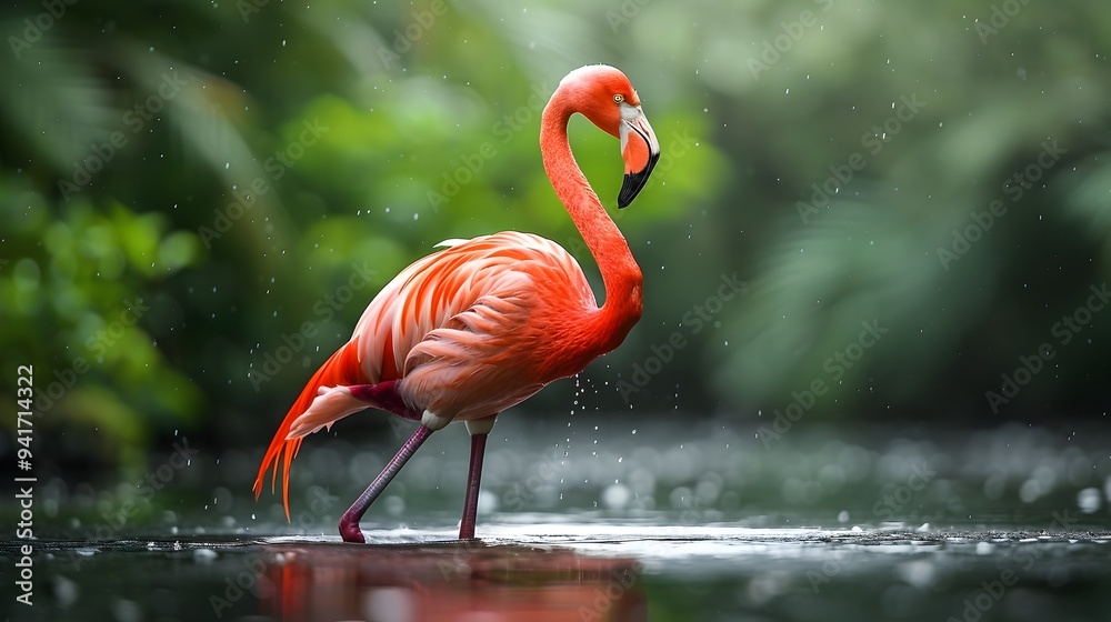 Obraz premium Elegant Flamingo Raising One Vibrant Pink Leg in Wetland Setting