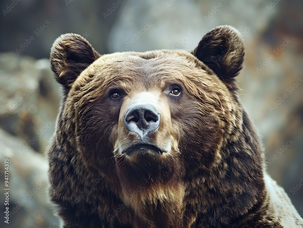Obraz premium Intense Gaze of a Majestic Grizzly Bear in the Rugged Forest Surroundings