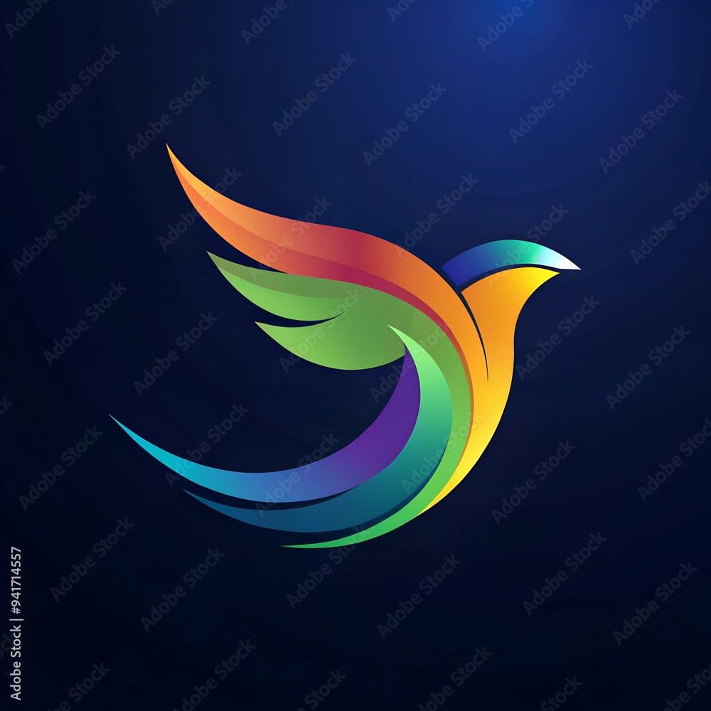 Obraz premium Colorful bird with rainbow wings on dark blue background