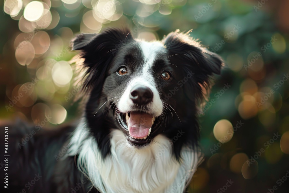 Happy Border Collie with Fluffy Black and White Coat in Sunlit Garden