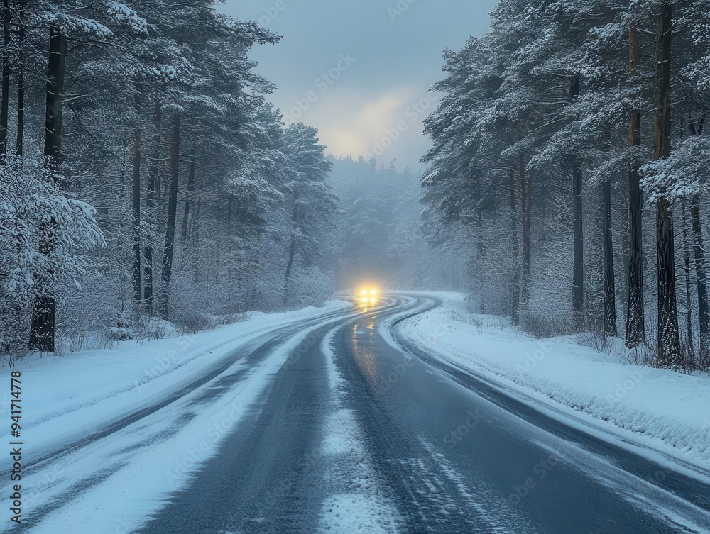 desolate snowcovered highway vanishing into misty winter forest lone vehicles taillights in distance desolate snowcovered highway vanishing into misty winter forest lone vehicles taillights in distance