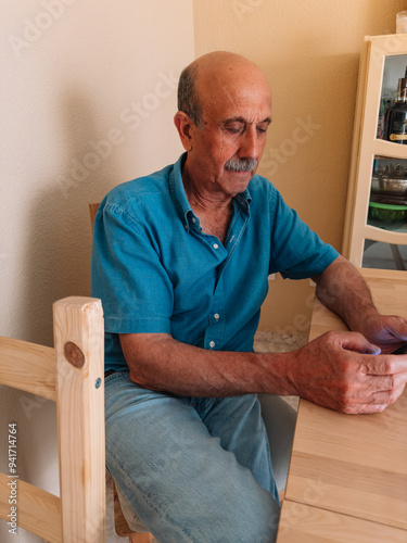 Side view of an older man in a blue shirt sitting at a table, focused on his smartphone.