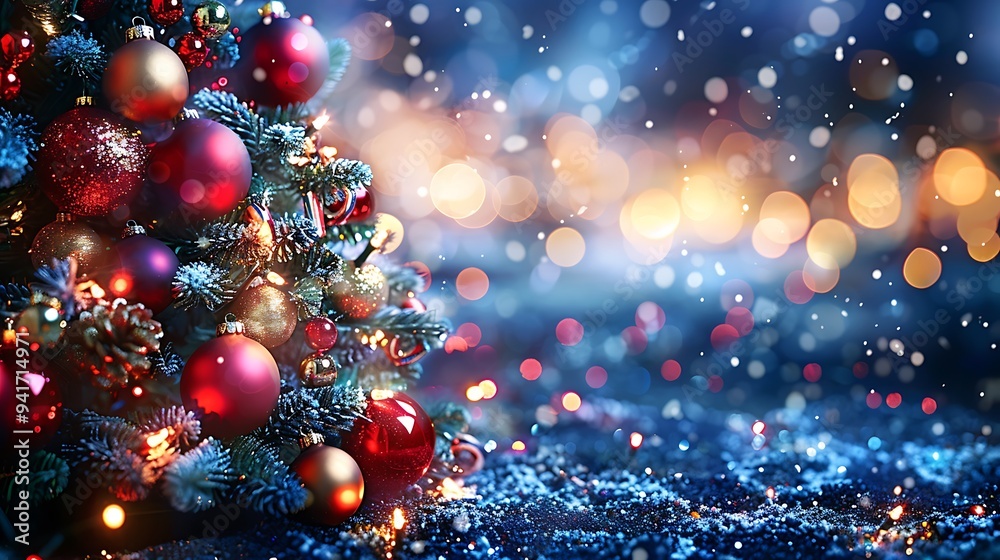 A Christmas tree adorned with dark purple and gold baubles, glowing softly in a room bathed in deep blue lights. The atmosphere is rich and mysterious, with shadows playing across the room, A Christmas tree adorned with dark purple and gold baubles, glowing softly in a room bathed in deep blue lights. The atmosphere is rich and mysterious, with shadows playing across the room,