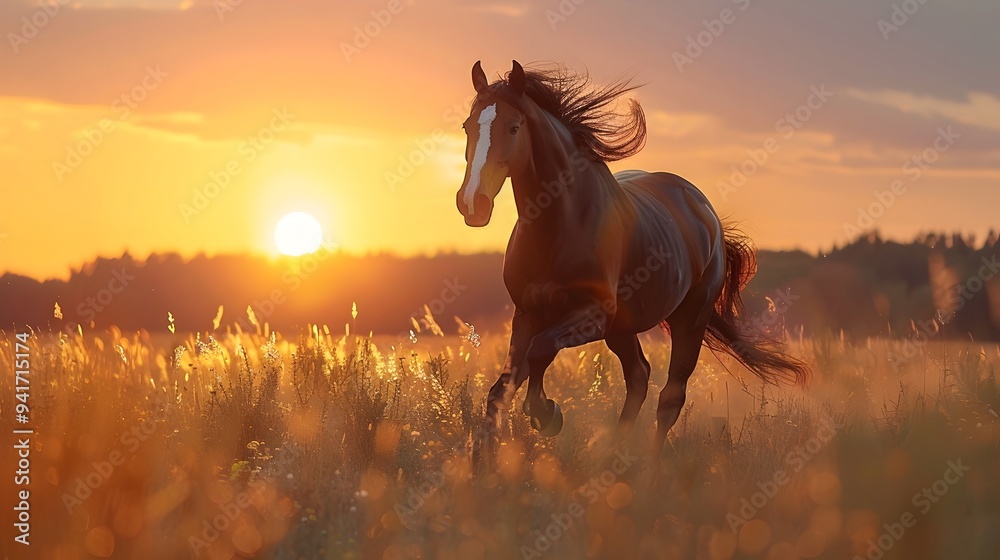 Majestic Horse Running Freely in Sunset Lit Field Wildlife Concept Majestic Horse Running Freely in Sunset Lit Field Wildlife Concept