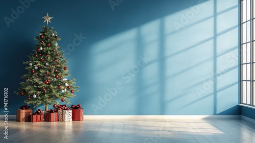 Business meeting room with Christmas tree and presents in the corner on blue background, festive corporate feel