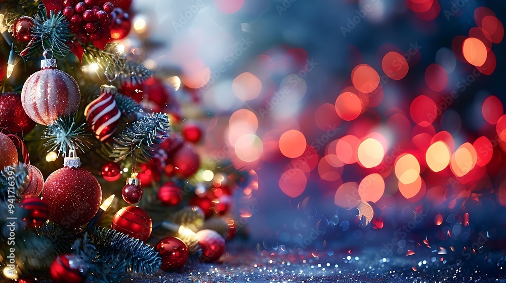 A Christmas tree decked out with red and white baubles, candy cane ornaments, softly illuminated by blurred red and white lights. The room is filled with festive cheer, A Christmas tree decked out with red and white baubles, candy cane ornaments, softly illuminated by blurred red and white lights. The room is filled with festive cheer,