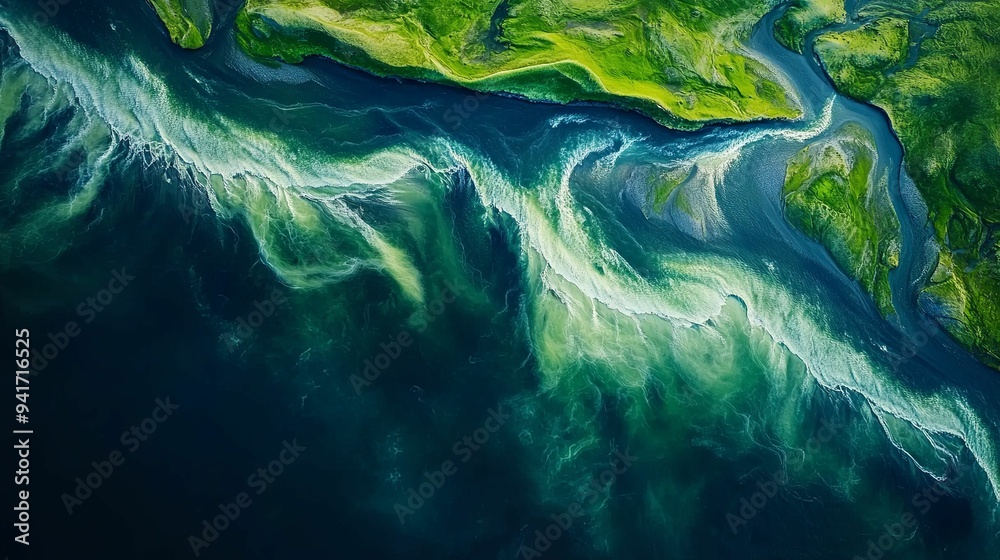 Aerial view from above on a green and blue glacier river stream in South Iceland Aerial view from above on a green and blue glacier river stream in South Iceland