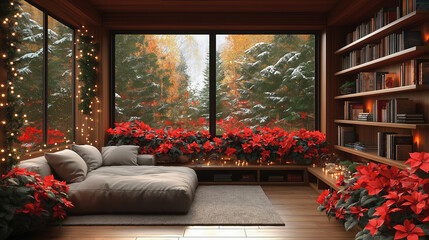 Christmas bookshelf background of interior home library study virtual room window of forest trees. Fall winter view. poinsettia holiday flowers. Online webinar presentation teams meeting backdrop