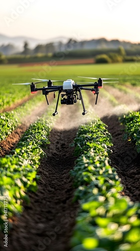 Dramatic photo of an organic farm with drones spraying non-toxic pesticides