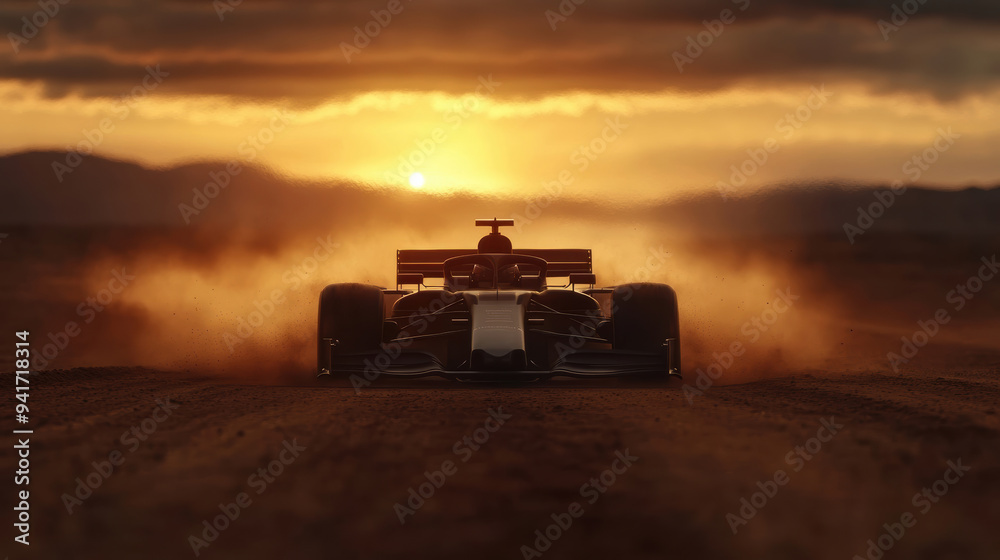 Fototapeta premium A race car speeds across a dusty dirt track during sunset, kicking up clouds of dust against a backdrop of golden light.