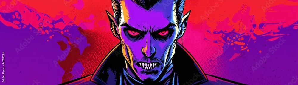 Cartoon vampire with sharp pop art lines and bright colors on deep purple background, playful Halloween theme Cartoon vampire with sharp pop art lines and bright colors on deep purple background, playful Halloween theme