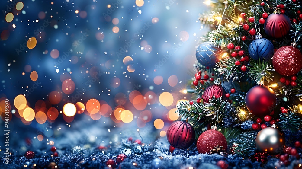 A Christmas tree with midnight blue and silver baubles, glowing softly in a room filled with blurred cool-toned lights. The dark, moody atmosphere evokes a sense of midnight magic and winter serenity, A Christmas tree with midnight blue and silver baubles, glowing softly in a room filled with blurred cool-toned lights. The dark, moody atmosphere evokes a sense of midnight magic and winter serenity,