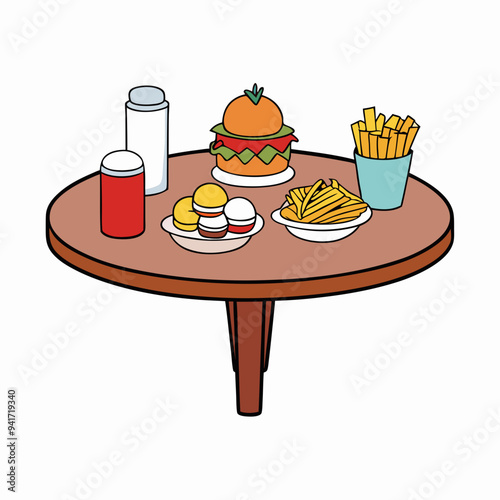 Food Variety on Table Hamburger, Fries & More on White Background