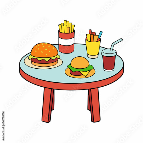 Food Variety on Table Hamburger, Fries & More on White Background