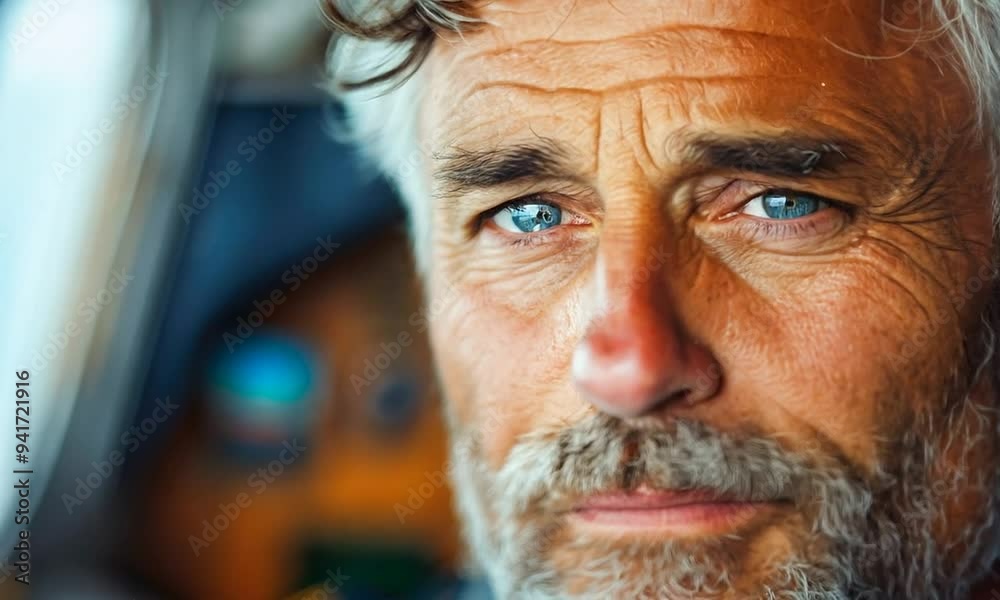 A rugged sailor with silver hair and piercing blue eyes takes the helm, showcasing confidence and experience against a backdrop of a breathtaking sky at dusk A rugged sailor with silver hair and piercing blue eyes takes the helm, showcasing confidence and experience against a backdrop of a breathtaking sky at dusk