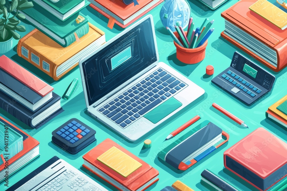 Illustration of educational learning tools set on table created with Generative AI