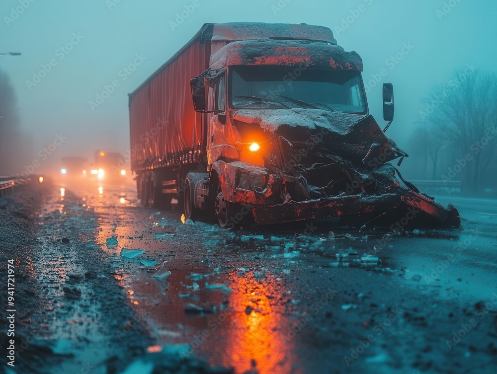 dramatic crash scene with overturned truck on misty highway shattered glass twisted metal and emergency lights creating tense atmosphere dramatic crash scene with overturned truck on misty highway shattered glass twisted metal and emergency lights creating tense atmosphere